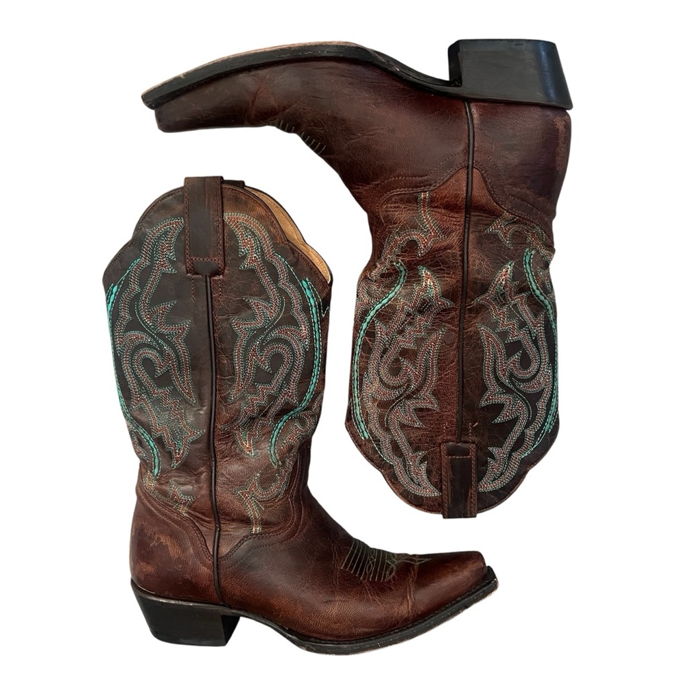 J.B. Dillon Goat Leather Brown & Turquoise Blue Cowboy/Cowgirl Boots Size 7.5 - Picture 4 of 13